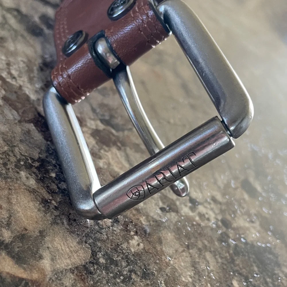 Ariat Men's Brown Leather Belt 38 Western Brushed Metal Buckle Equestrian Rodeo